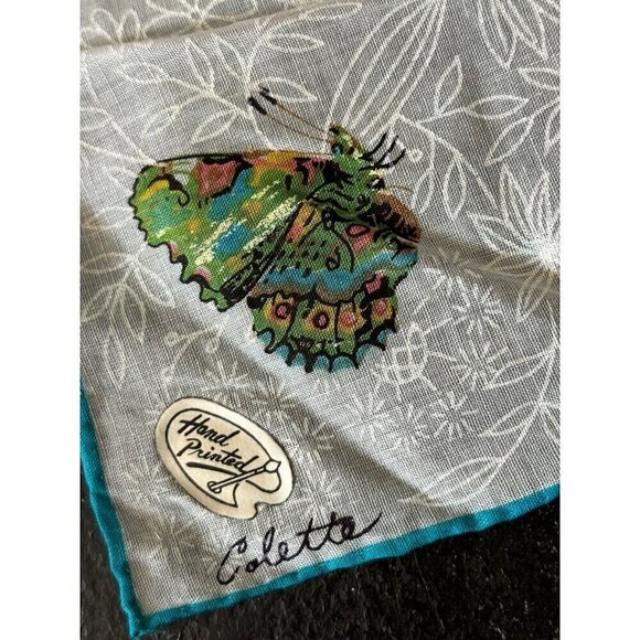 Vintage Hand Painted Signed Butterfly Scarf Japan 15"x15" Cotton - Picture 5 of 8